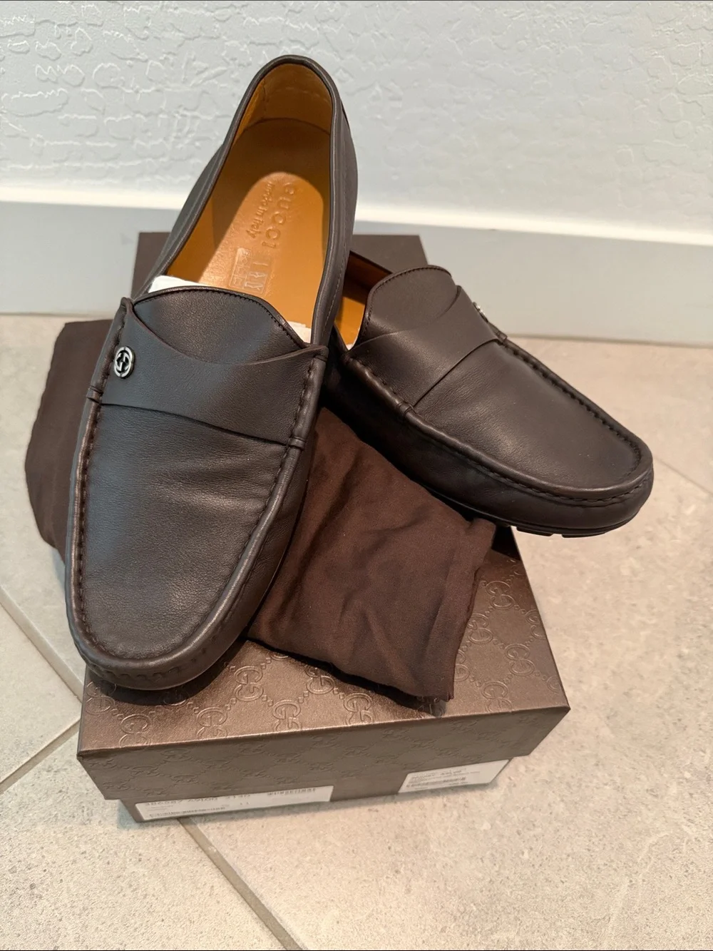Auth GUCCI Coco Brown Leather Silver GG Drivers Loafers Shoes Mens G 11 US 12